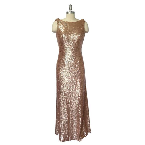 Vintage 90s Y2K Prom Dress Maxi Gown Size 4 Rose Gold Sequins Formal Cape Back - Picture 2 of 10